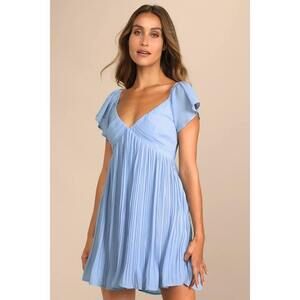 Lulus Amalfi Coast Light Blue Pleated Flutter Sleeve Mini Dress - Size XXL